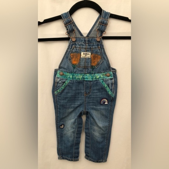 OshKosh B'gosh Denim Overalls Patches Painted Rainbow Hearts Flowers 6-9M - Picture 1 of 16